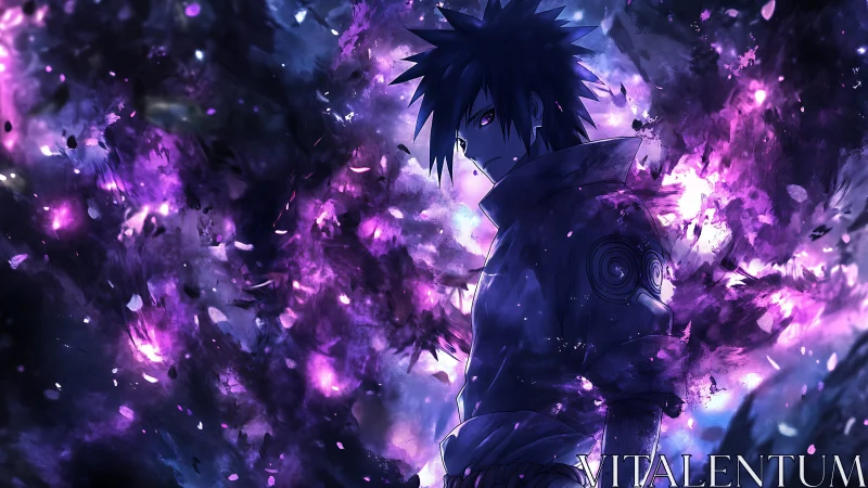 Anime warrior amid purple energy and dark cosmic field.