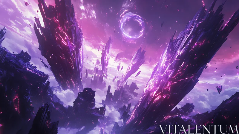 Shattered nebula spires drift beneath a blazing violet portal.