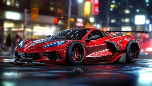 Widebody red supercar rendering on wet neon city street at night