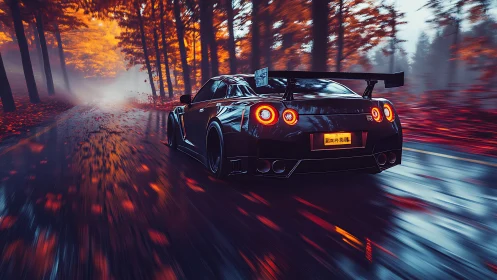Widebody GT sports car on wet forest road in autumn haze