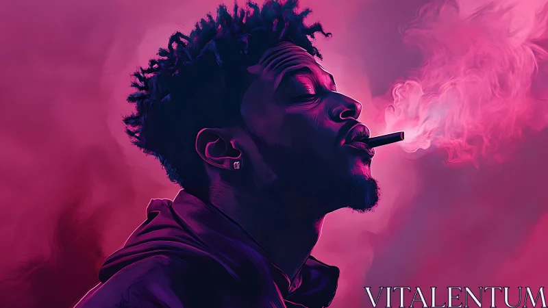 Man in profile smoking in neon pink digital portrait.