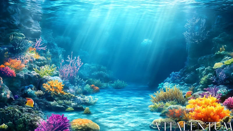 Sunlit coral reef seascape with clear blue water channel.