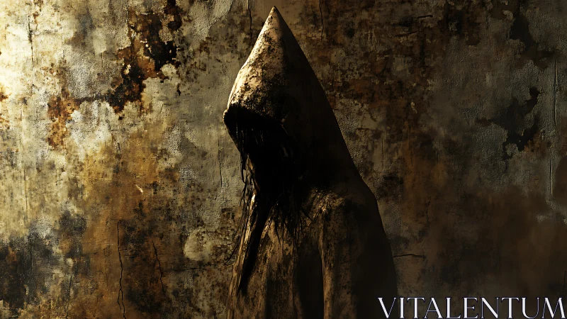 Hooded horror figure looms against decayed stained wall.