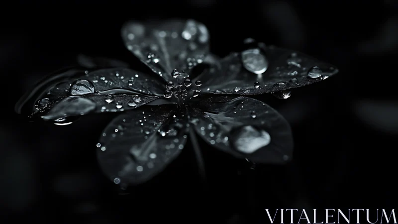Leaves with water droplets against dark background.