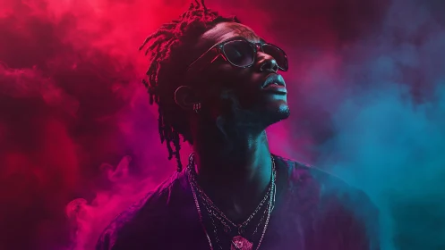 Neon crowned dreamer rising through violet and cyan smoke.