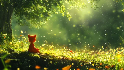 Little fox resting in a sunlit meadow of gentle wonder.