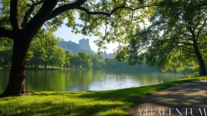 Sunlit city park lake framed by sweeping green trees.