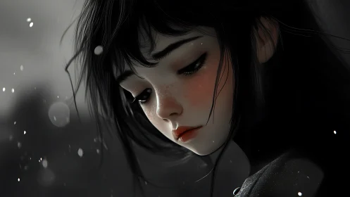 Softly lit girl in quiet snowfall, lost in gentle thought.