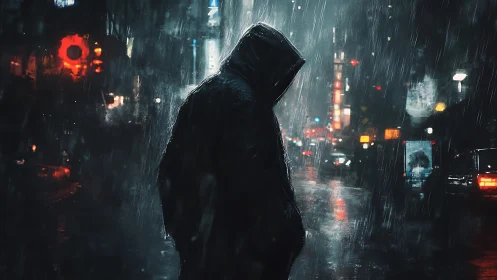 Hooded figure in backlit rainy cityscape with high contrast lighting