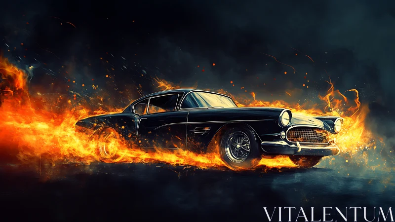 Classic black sports car cuts through blazing orange flames