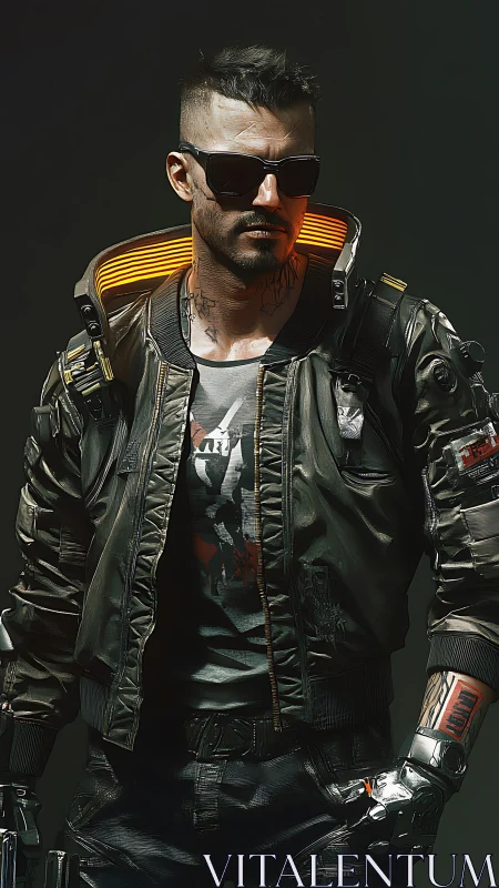 Cybernetic mercenary in glossy bomber jacket under neon rim light