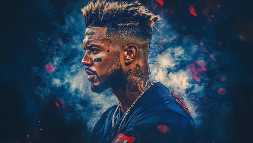 Focused athlete profile emerges from dramatic smoke and light