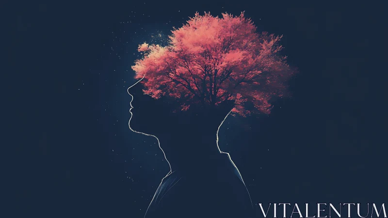 Silhouetted head profile blended with red blooming tree.
