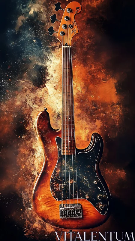 Flamed maple bass guitar emerges from fiery abstract nebula.