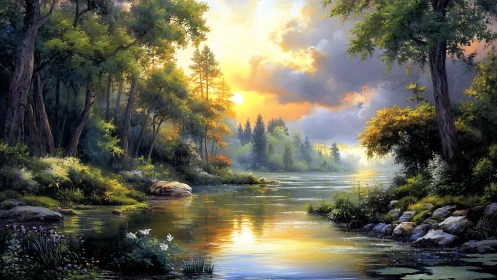 Sunlit forest river reflects glowing clouds at dusk.