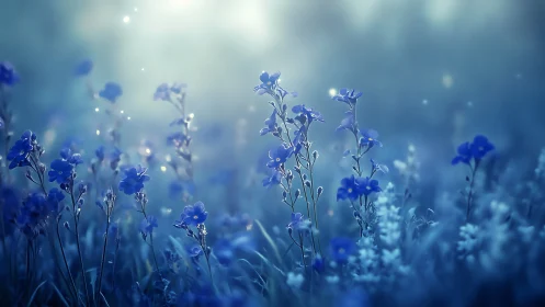 Twilight Dream Field: Blue Petals Dancing in Golden Mist.