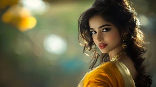 Photorealistic portrait woman in yellow sari, warm bokeh background.