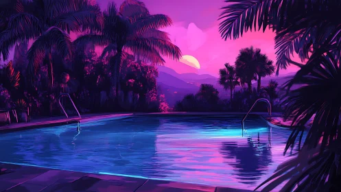 Swimming pool and palm trees appear under stylized sunset sky