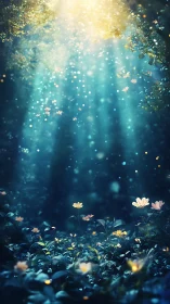 Volumetric light shafts over bioluminescent forest understory.