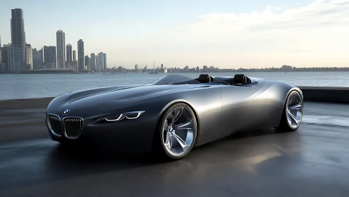 Hydrodynamic BMW speedster concept by waterfront skyline.