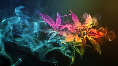 Colorful cannabis leaf with swirling smoke on dark background.