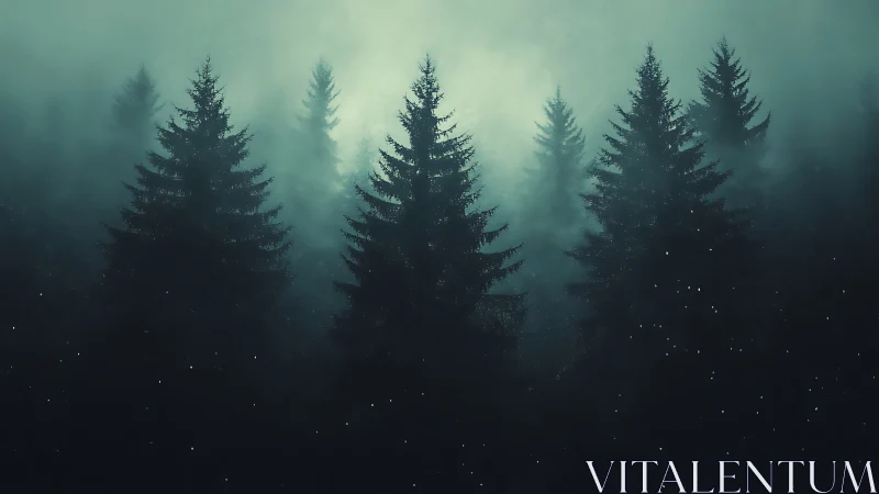 Misty evergreen forest shrouded in teal twilight haze.