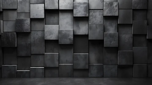Dark geometric wall of staggered 3D metallic cubes.