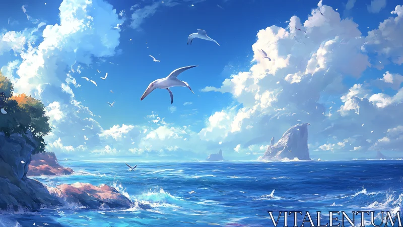 Sky-dancing seabirds over a daydream-bright sapphire ocean.