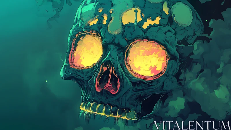 Luminous toxic skull illustration with vaporous teal smoke.