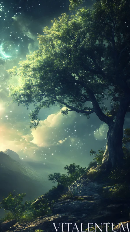 Moonlit mountain tree crowns luminous starlit valley
