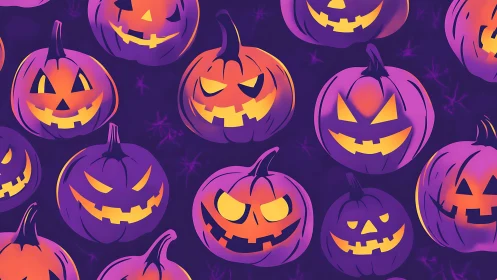 Glowing jack o&rsquo; lantern parade in neon purple Halloween night.