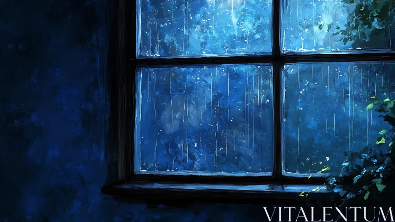 Nocturnal rainfall through windowpane with luminous foliage framing.