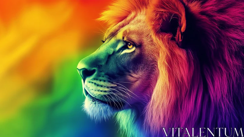 Profile view depicts stylized lion head with graded spectrum colors