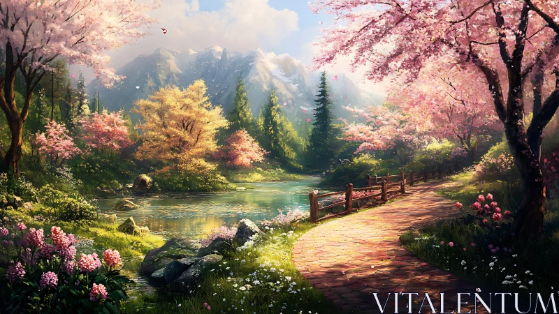 Spring mountain path beside quiet pond under blossoms.