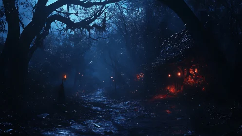 Midnight witchlight cottage along the haunted blue path.