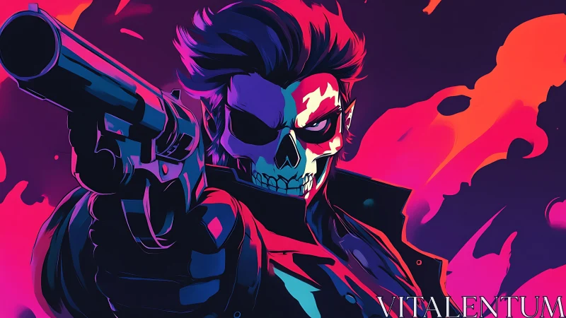 Neon skull gunman in dynamic pop art noir composition.