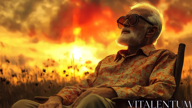 Elderly man seated in field under intense sunset sky.