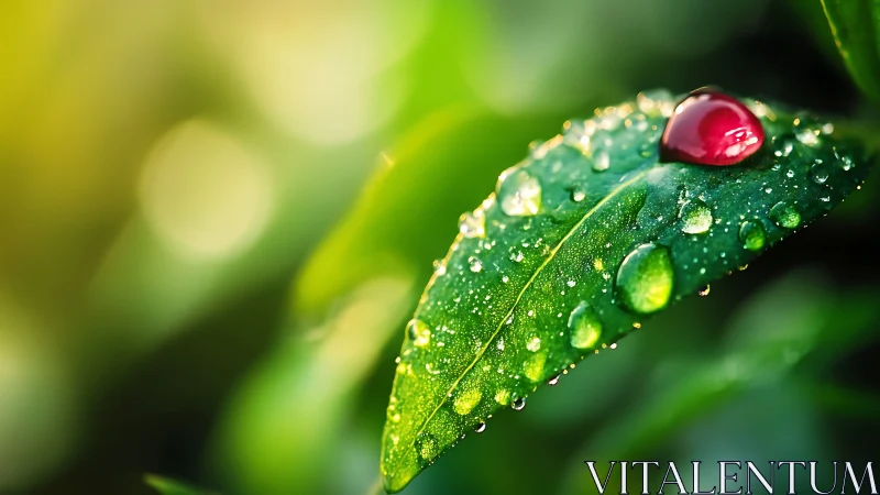 Leaf holds dewdrops and red berry in glowing morning light.