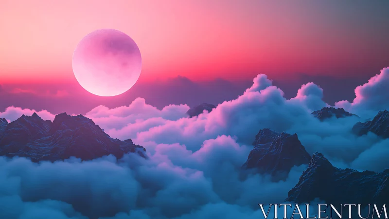 Luminous pink moon over cyan cloud seas and jagged peaks.
