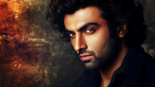 Intense male portrait against textured fiery background.