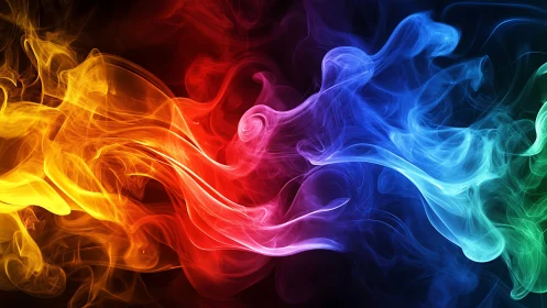 Multicolored volumetric smoke ribbons with high contrast lighting