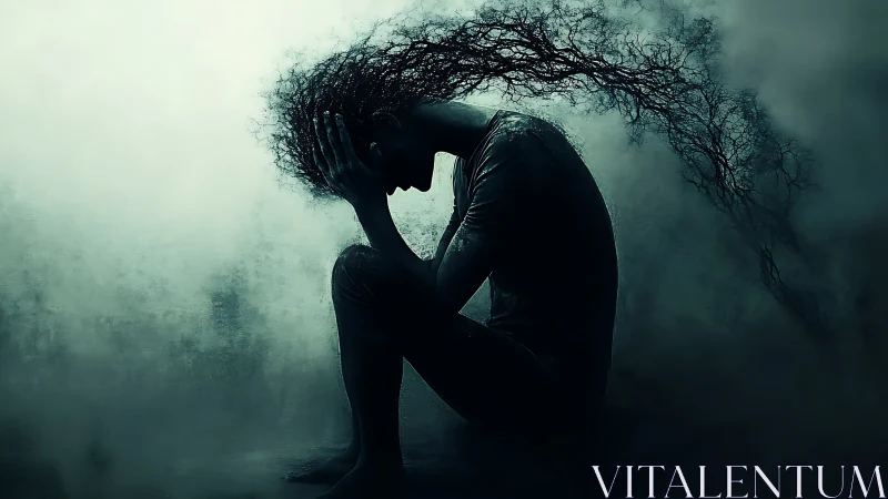Digital silhouette embodying mental anguish in misty void.