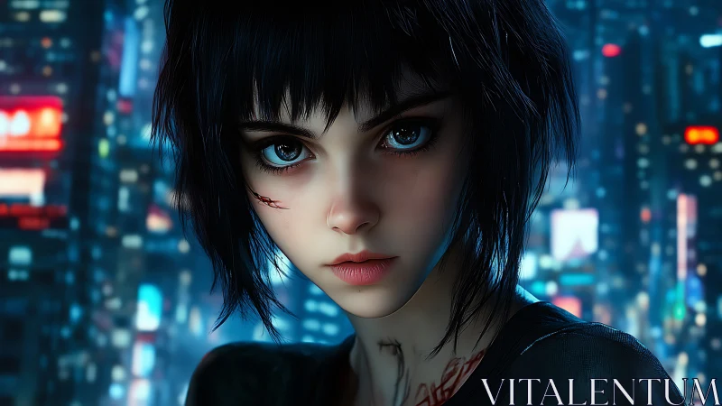 Cyberpunk girl portrait against neon city skyline at night.