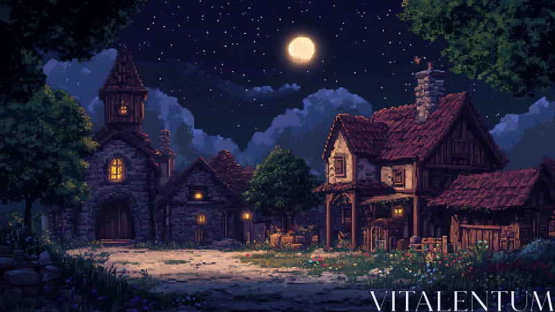 Moonlit pixel village courtyard with rustic stone cottages.