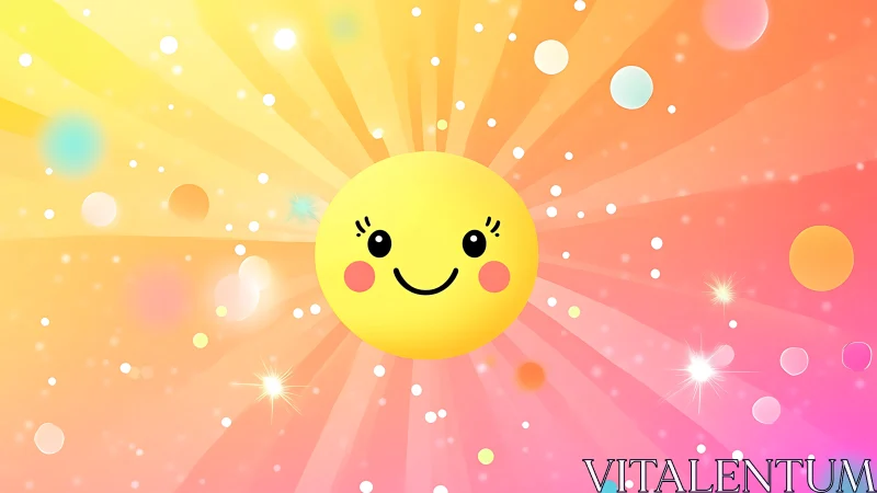 Smiling kawaii sun beam dances through candy sunrise.