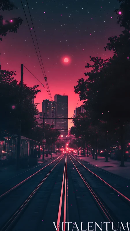 Neon magenta tramway corridor under star-filled urban dusk