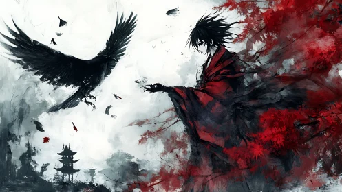 Mystical crow and crimson wanderer in a drifting twilight.