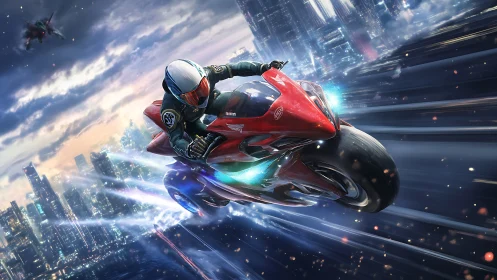 Futuristic red hoverbike races above neon sci fi cityscape.