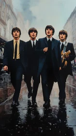 Photorealistic city street portrait with dynamic quartet stride.