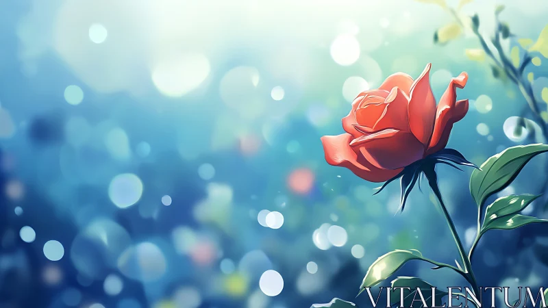 Digital painting study of single rose with luminous bokeh field.